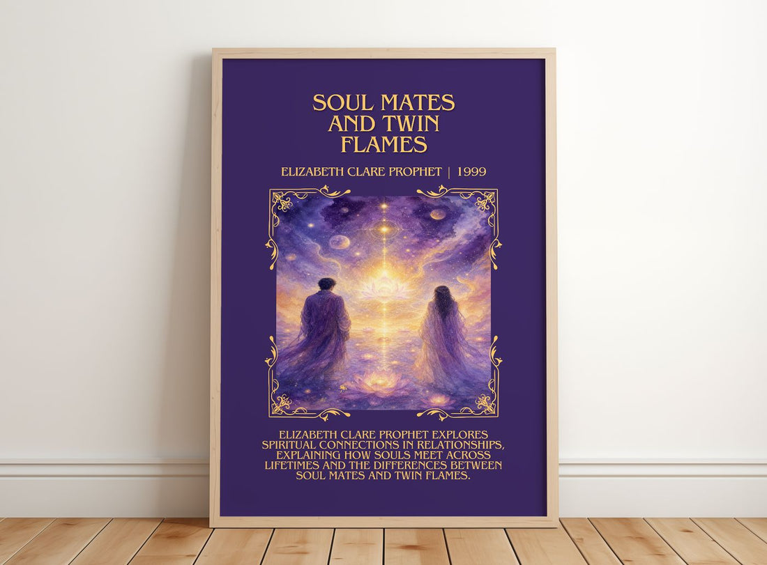 Soul Mates and Twin Flames Minimalist Book Poster by E. Prophet – framed print leaning on a wooden floor