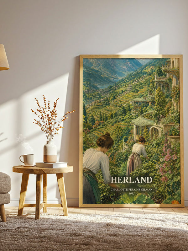 Herland watercolour print in frame leaning in hallway – classic literature wall art