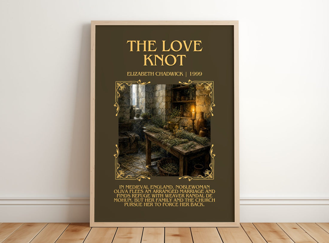 The Love Knot Minimalist Book Poster by Elizabeth Chadwick – framed print leaning on a wooden floor