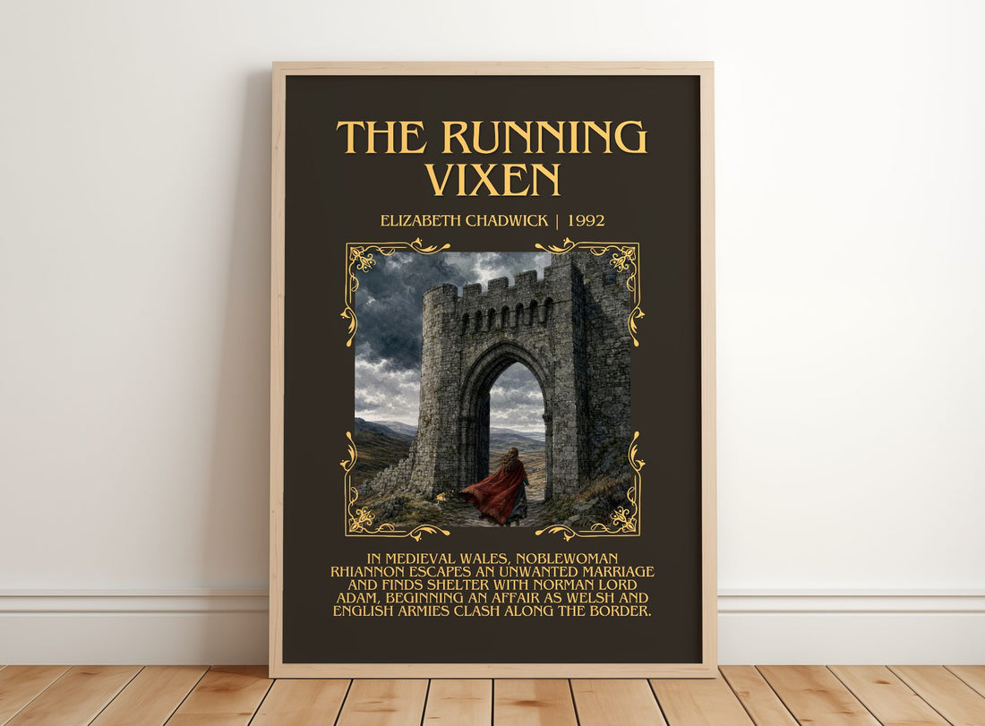 The running vixen Minimalist Book Poster by Elizabeth Chadwick – framed print leaning on a wooden floor