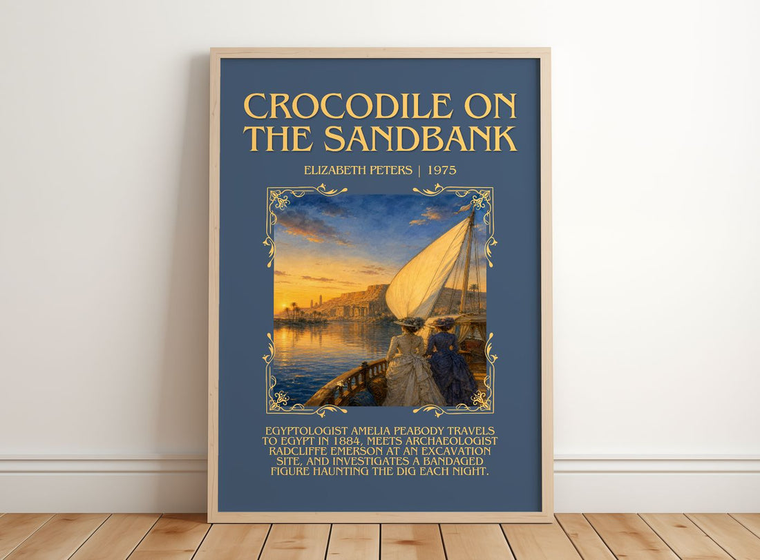 Crocodile on the sandbank Minimalist Book Poster by Elizabeth Peters – framed print leaning on a wooden floor