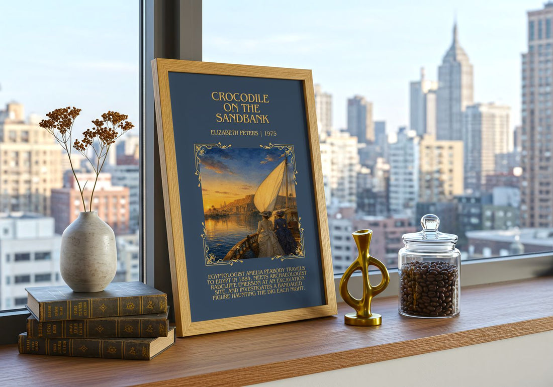 Crocodile on the sandbank Minimalist Book Poster by Elizabeth Peters – framed print on a city-view windowsill