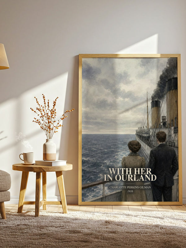 With Her In Ourland watercolour print in frame leaning in hallway – sci fi wall art