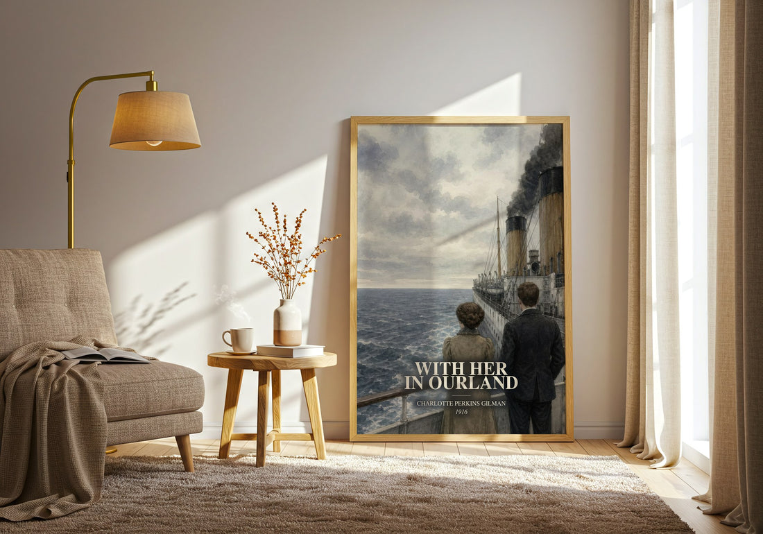 With Her In Ourland watercolour print in frame leaning in hallway – sci fi wall art (mockup)