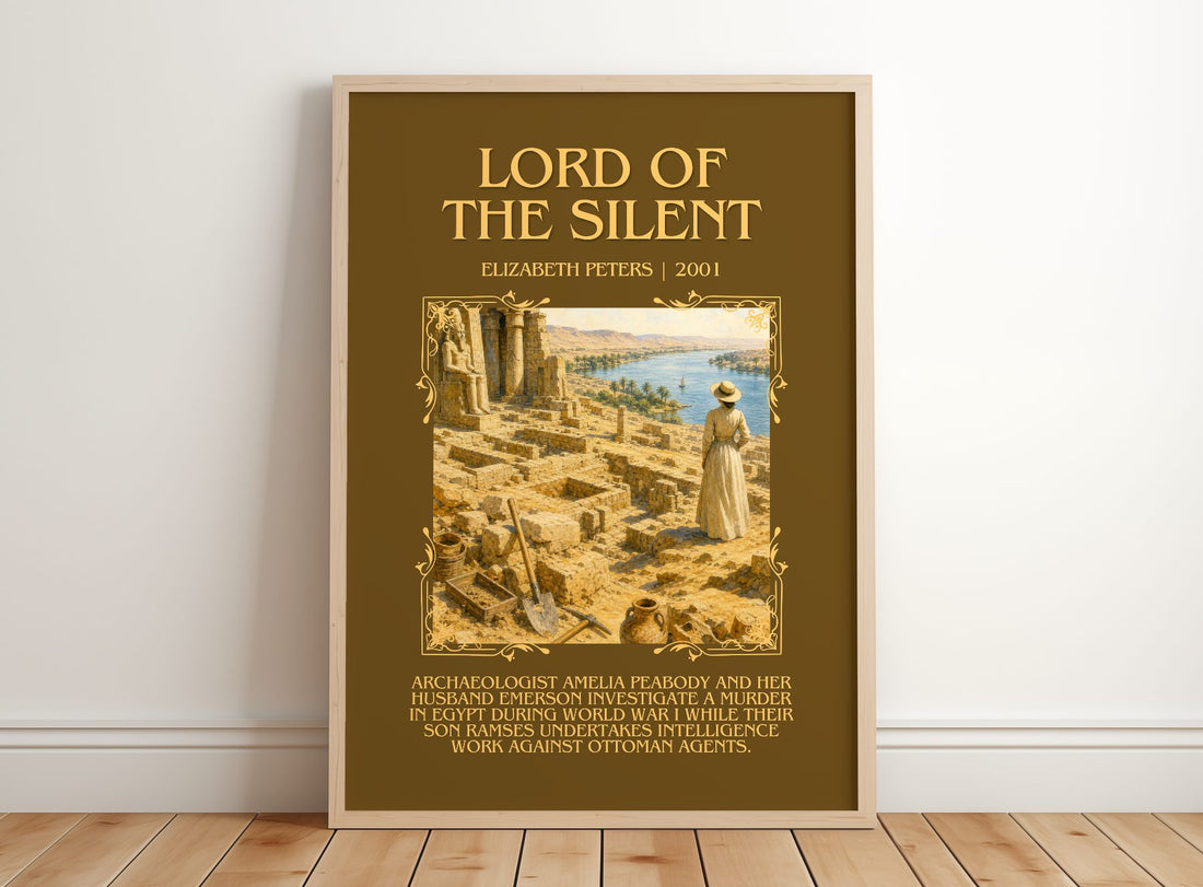 Lord of the silent Minimalist Book Poster by Elizabeth Peters – framed print leaning on a wooden floor