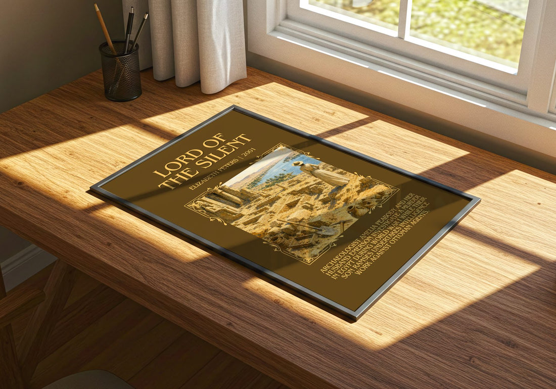 Lord of the silent Minimalist Book Poster by Elizabeth Peters – print on a sunlit desk