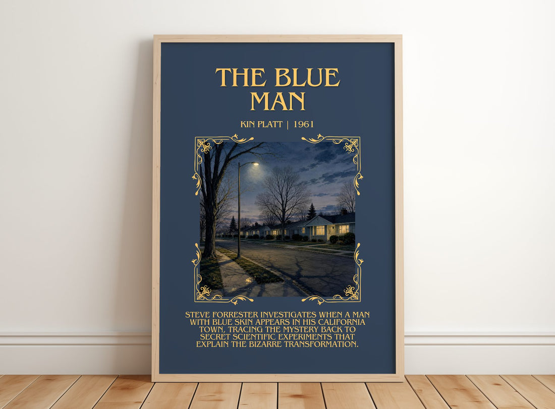 The blue man Minimalist Book Poster by Kin Platt – framed print leaning on a wooden floor