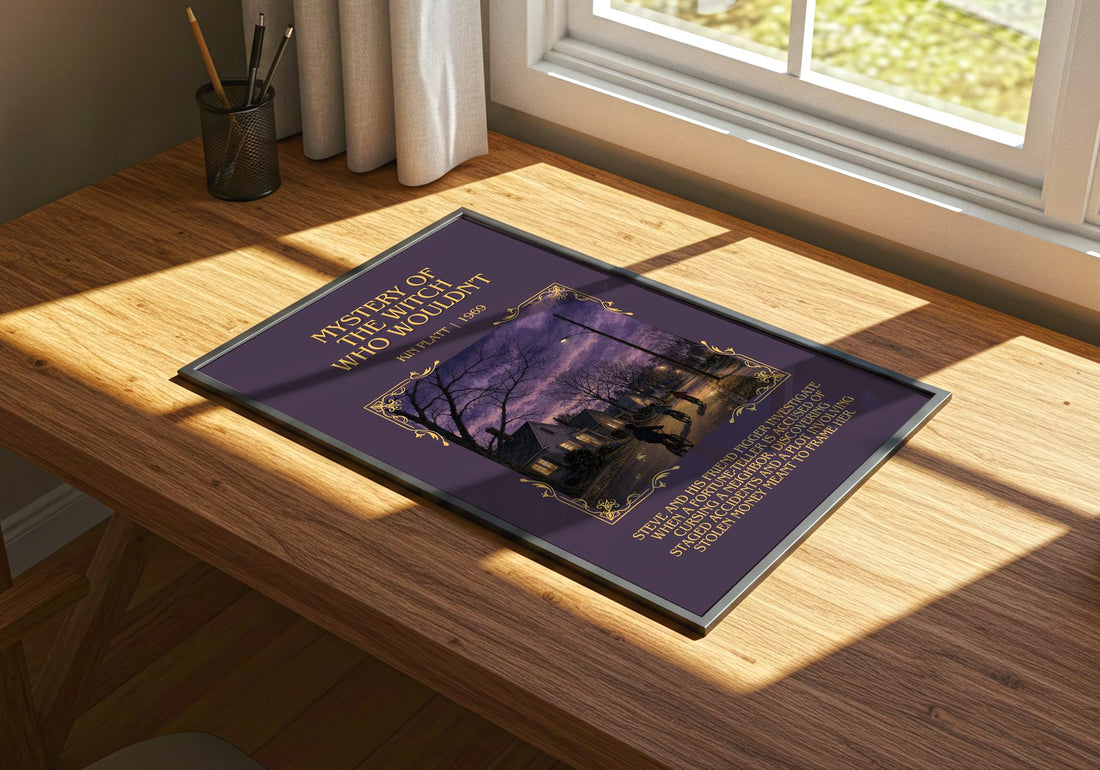 Mystery of the Witch Who Wouldn't Minimalist Book Poster by Kin Platt – print on a sunlit desk