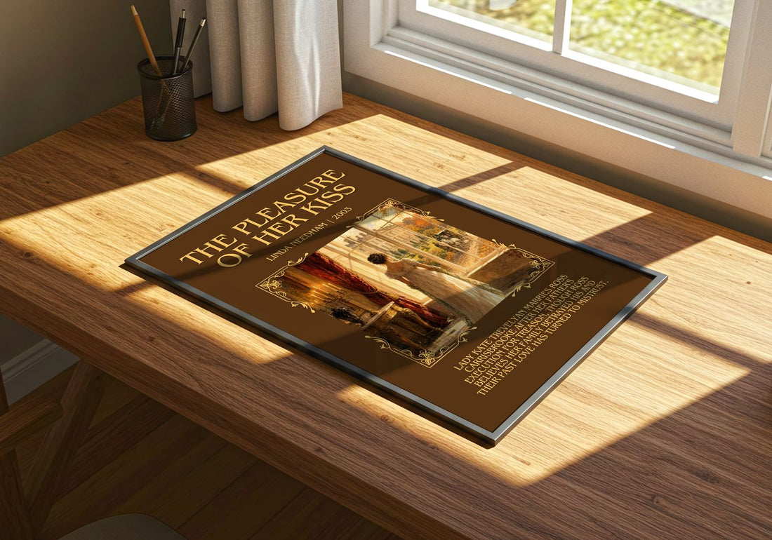 The Pleasure of Her Kiss Minimalist Book Poster by Linda Needham – print on a sunlit desk