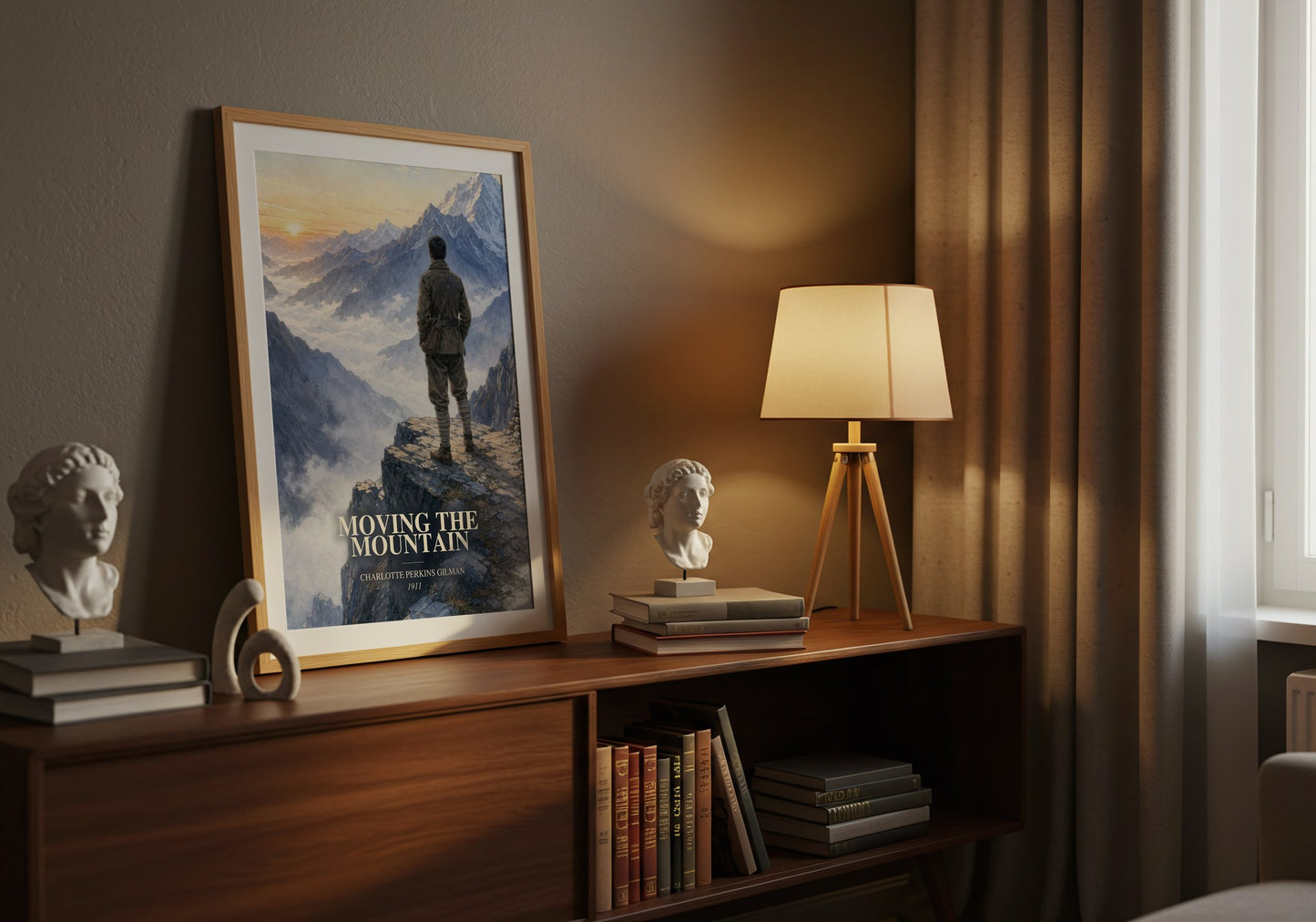 Moving The Mountain watercolour print on bookshelf – Charlotte Perkins Gilman fan gift