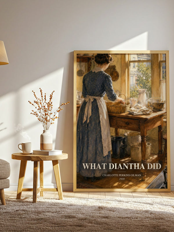 What Diantha Did watercolour print in frame leaning in hallway – literary fiction wall art