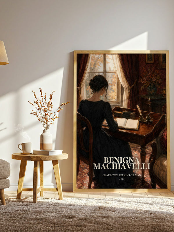 Benigna Machiavelli watercolour print in frame leaning in hallway – literary fiction wall art