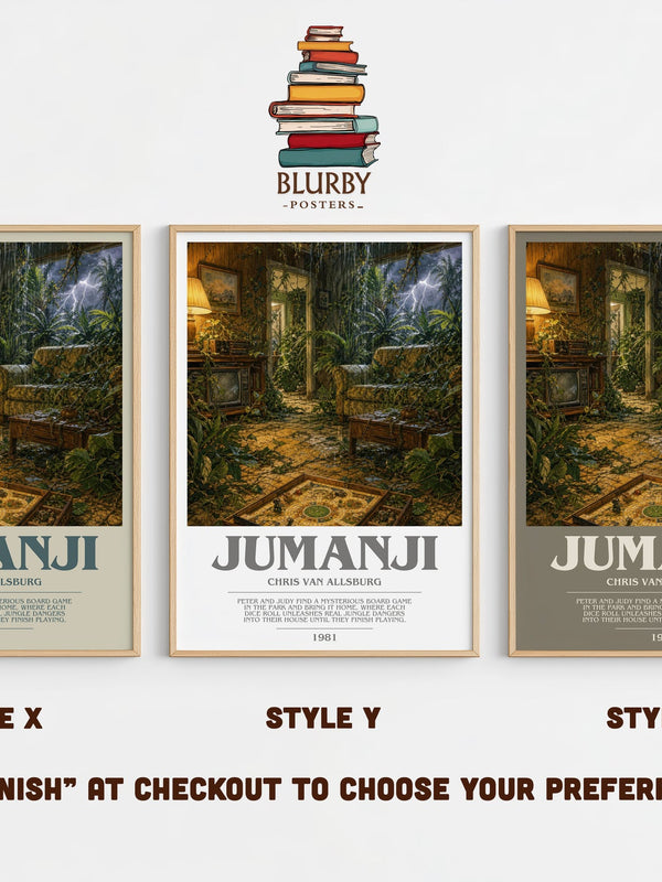 Jumanji bookish print in frame leaning in hallway – childrens wall art