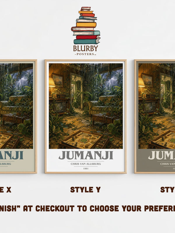Jumanji book cover print in frame leaning in hallway – childrens wall art