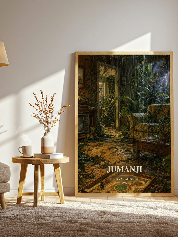 Jumanji watercolour print in frame leaning in hallway – childrens wall art