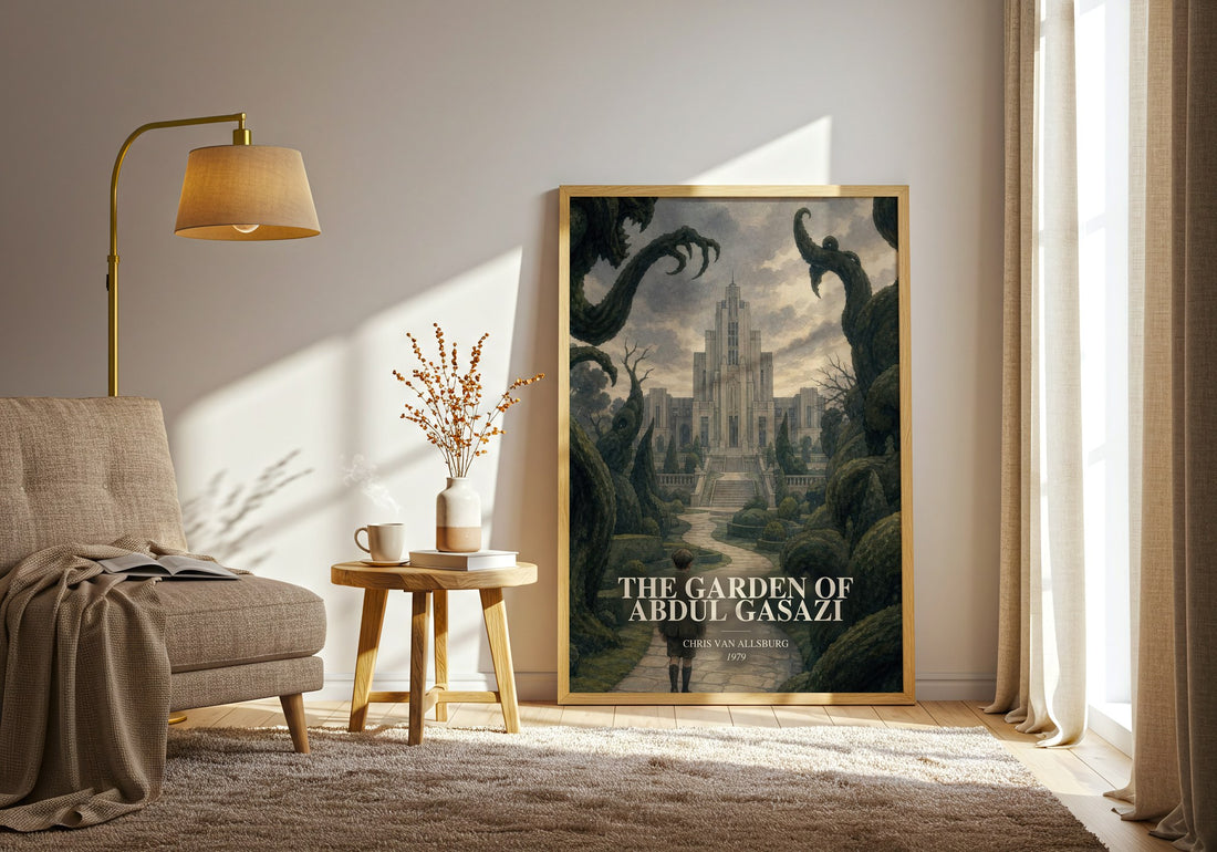 The Garden Of Abdul Gasazi watercolour print in frame leaning in hallway – childrens wall art (mockup)