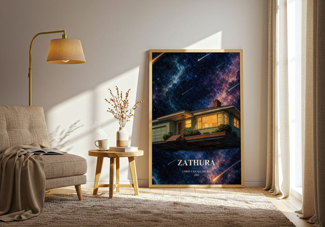 Zathura watercolour print in frame leaning in hallway – childrens wall art (mockup)
