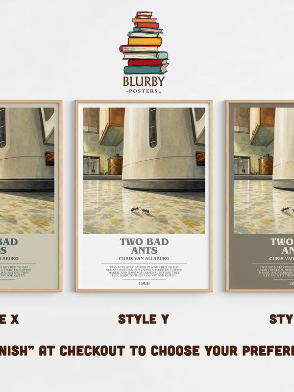 Two Bad Ants bookish print in frame leaning in hallway – childrens wall art