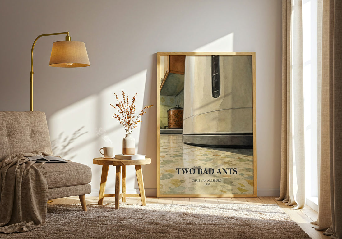 Two Bad Ants watercolour print in frame leaning in hallway – childrens wall art (mockup)