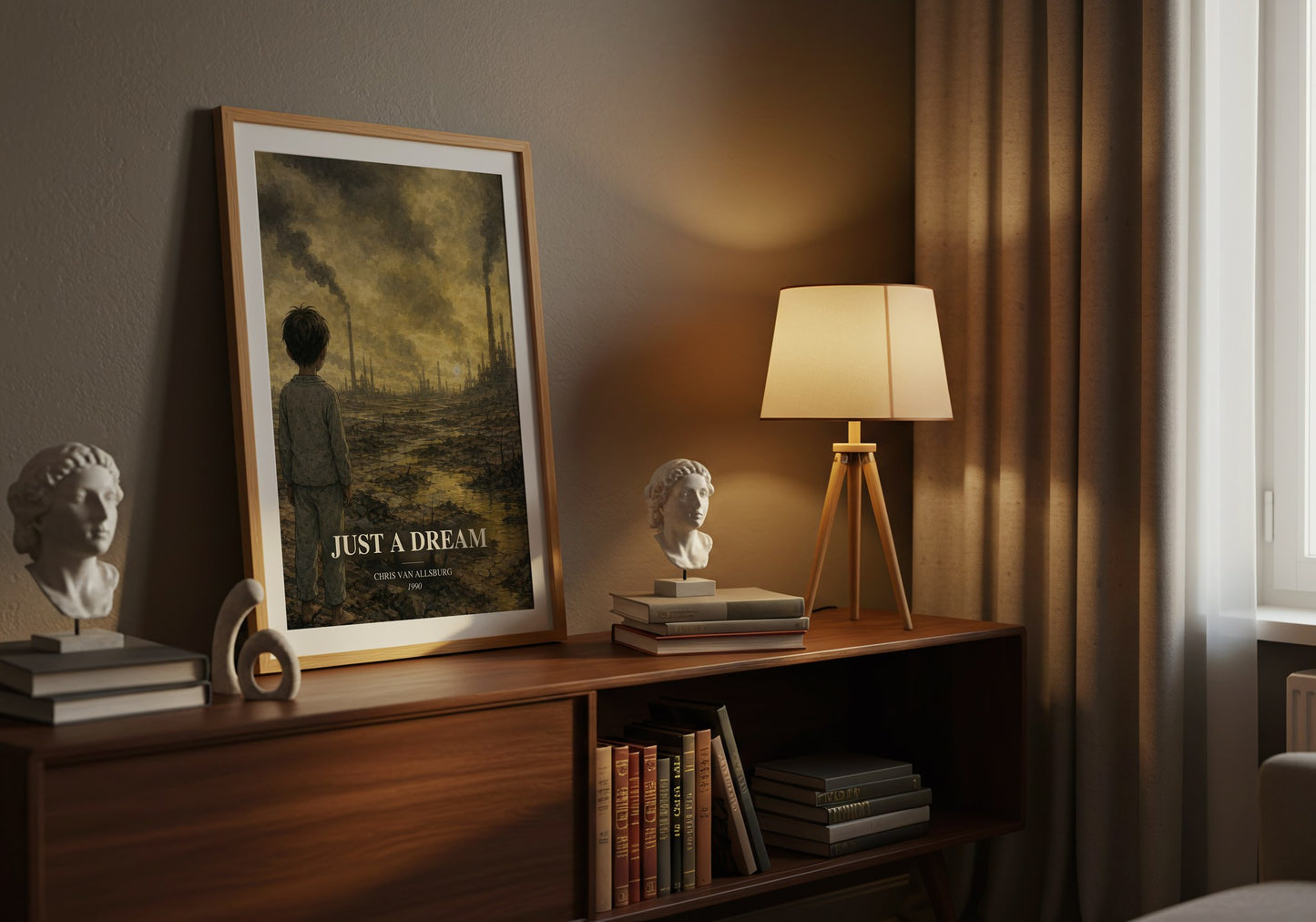 Just A Dream watercolour print on bookshelf – Chris Van Allsburg fan gift