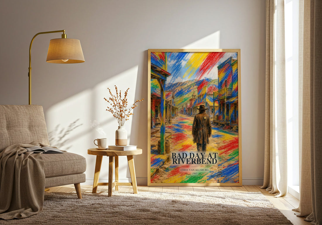 Bad Day At Riverbend watercolour print in frame leaning in hallway – childrens wall art (mockup)