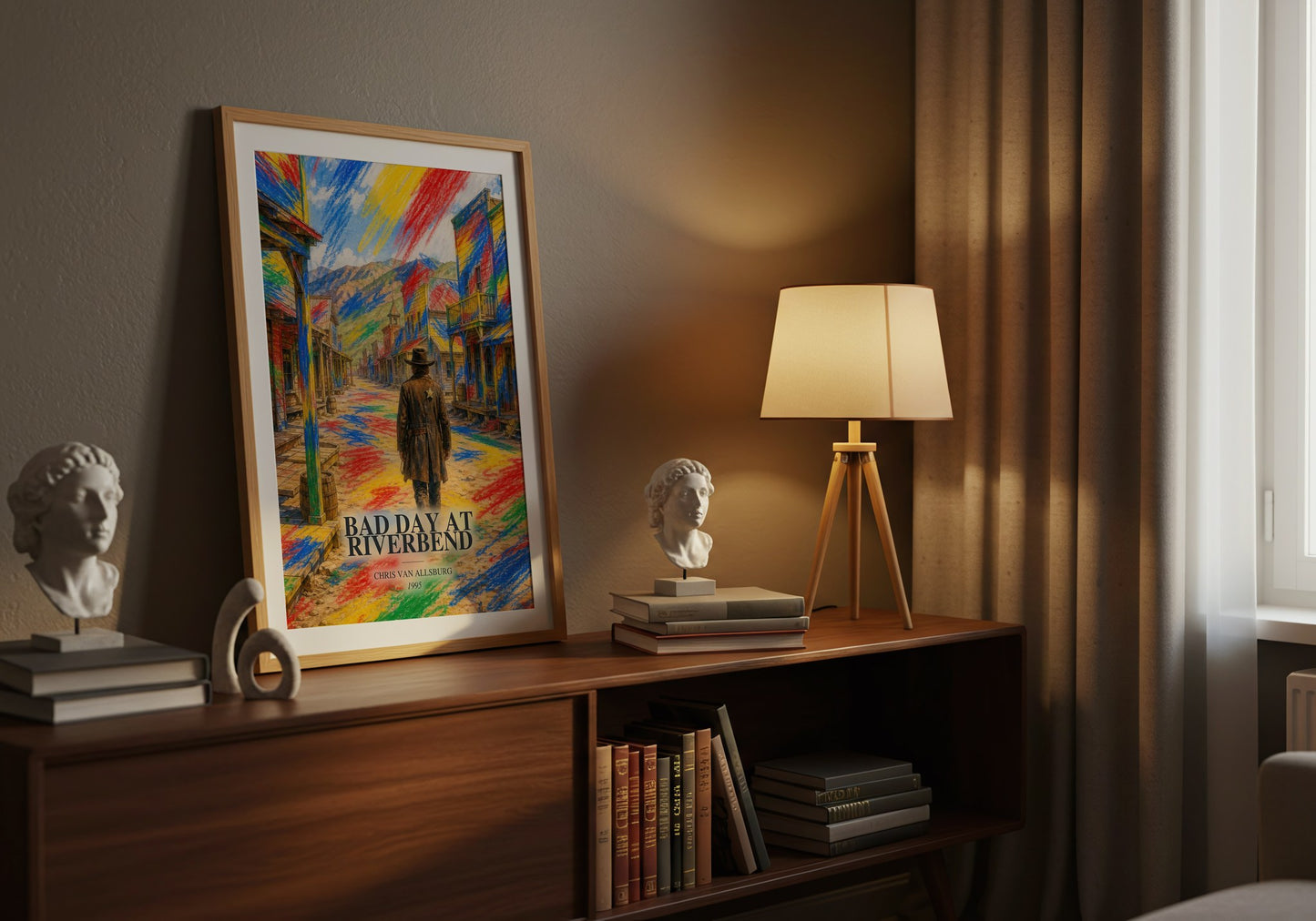 Bad Day At Riverbend watercolour print on bookshelf – Chris Van Allsburg fan gift