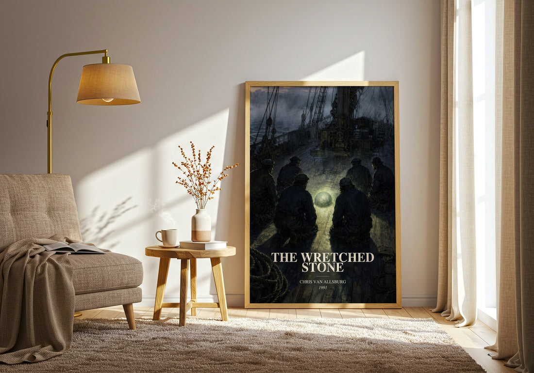 The Wretched Stone watercolour print in frame leaning in hallway – childrens wall art (mockup)
