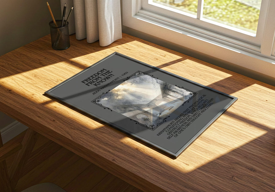 Freedom from the Known Minimalist Book Poster by Jiddu Krishnamurti – print on a sunlit desk