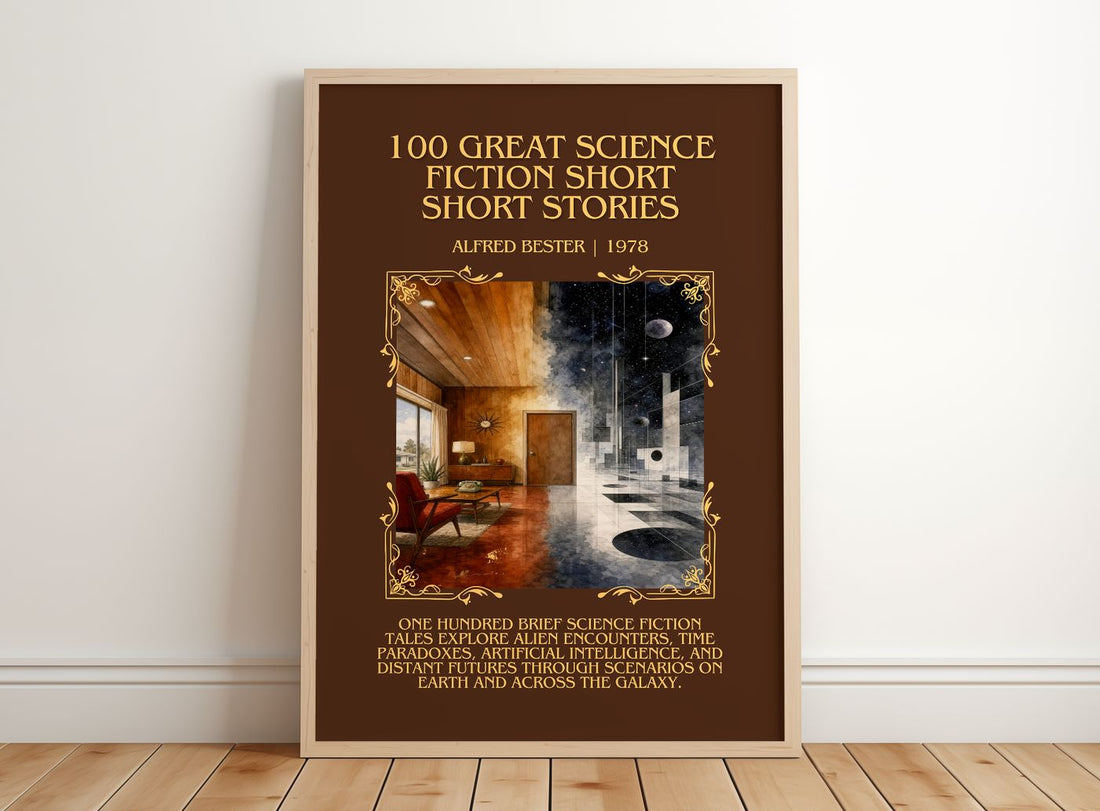 100 Great Science Fiction Short Short Stories Minimalist Book Poster by Alfred Bester – framed print leaning on a wooden floor