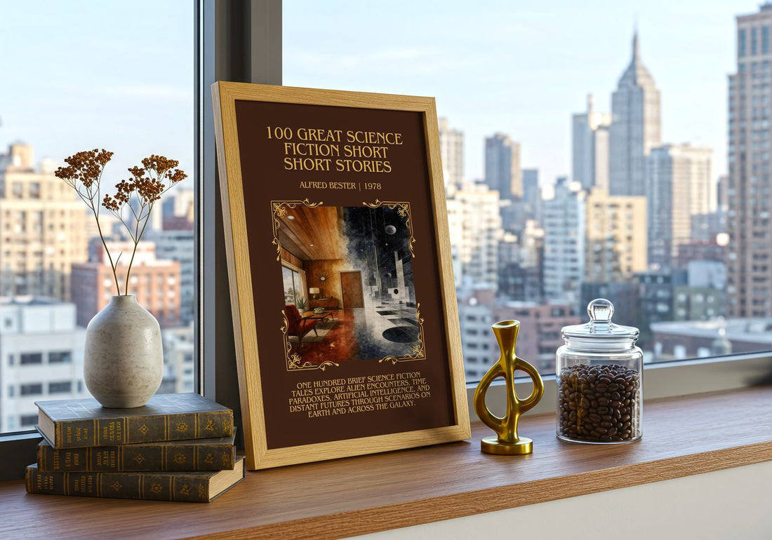 100 Great Science Fiction Short Short Stories Minimalist Book Poster by Alfred Bester – framed print on a city-view windowsill