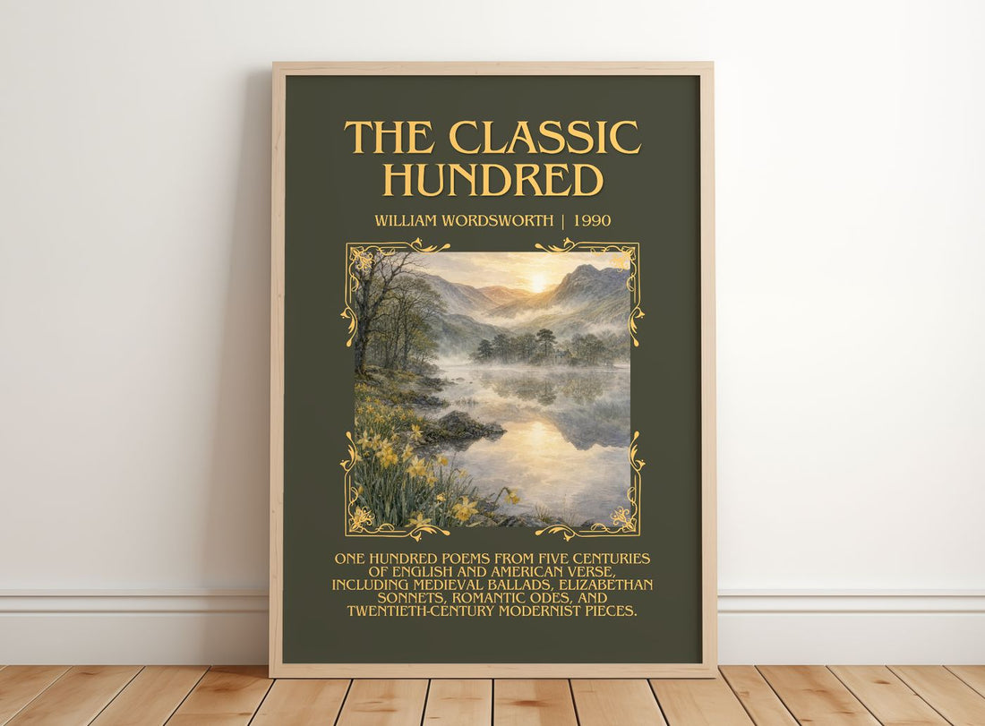 The Classic Hundred Minimalist Book Poster by William Wordsworth – framed print leaning on a wooden floor