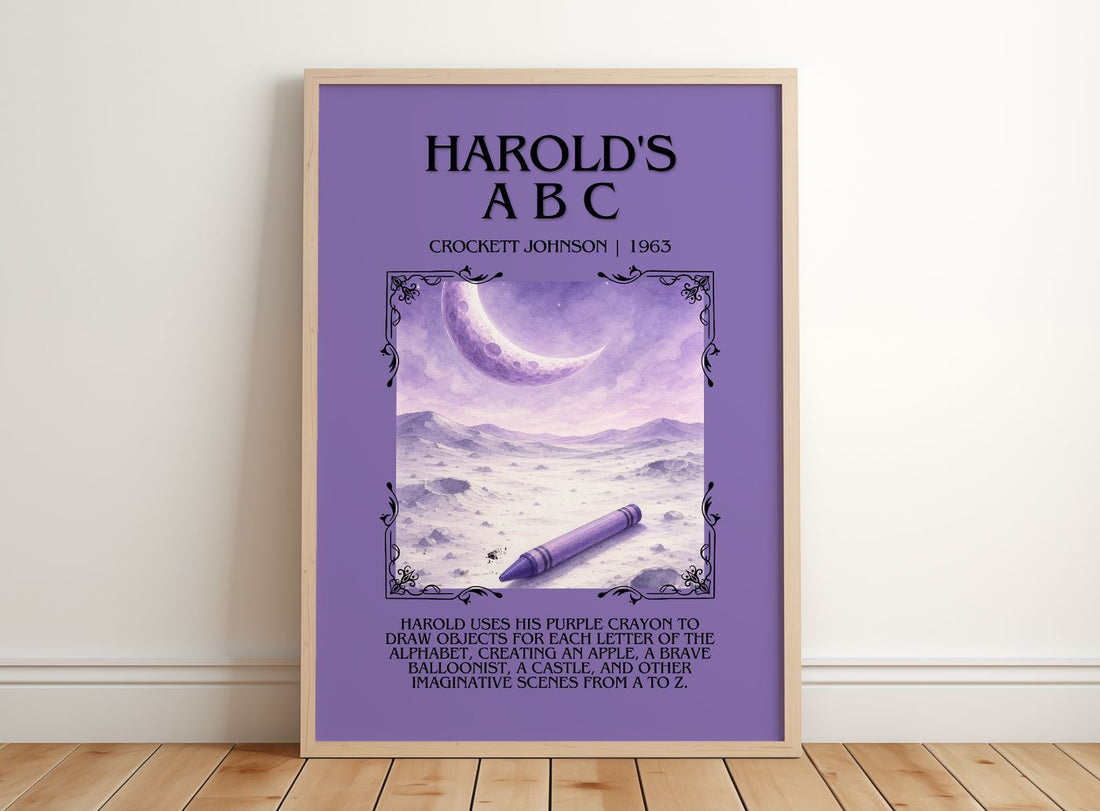 Harold's A B C Minimalist Book Poster by Crockett Johnson – framed print leaning on a wooden floor