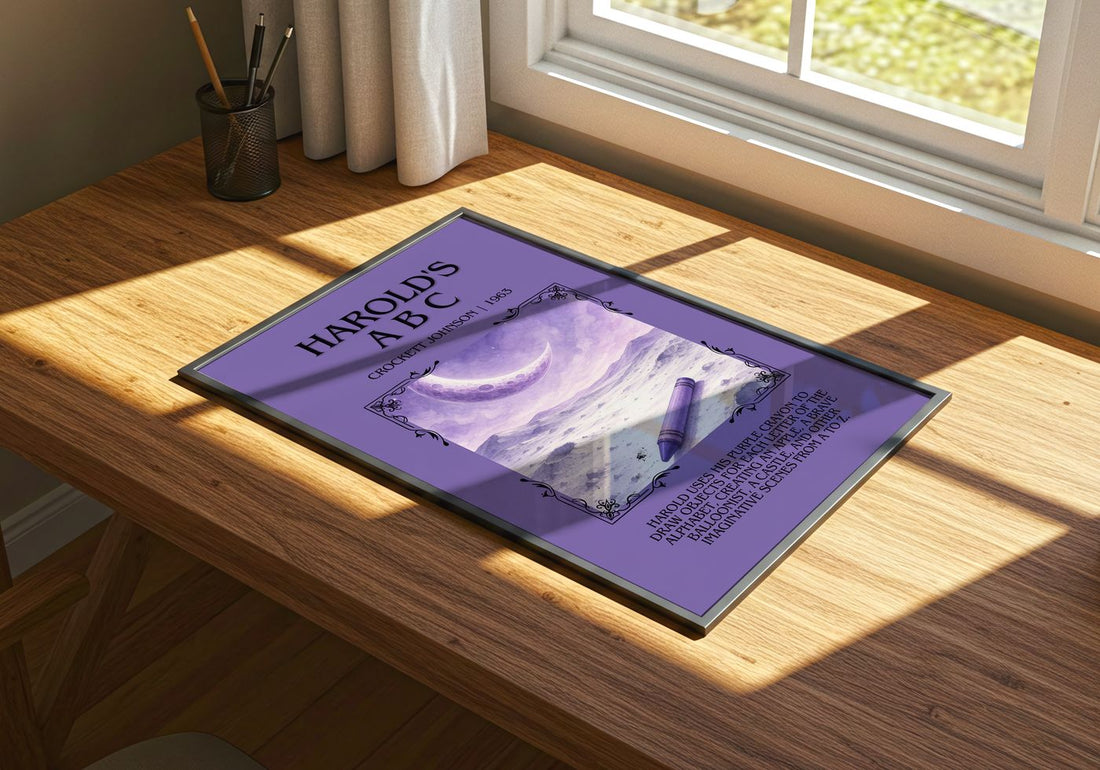 Harold's A B C Minimalist Book Poster by Crockett Johnson – print on a sunlit desk