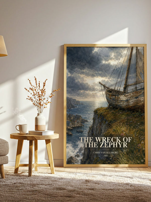 The Wreck Of The Zephyr watercolour print in frame leaning in hallway – childrens wall art