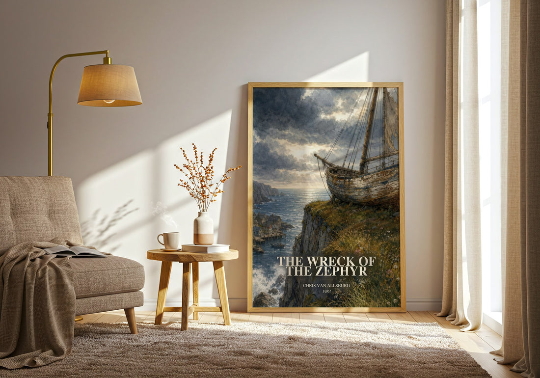 The Wreck Of The Zephyr watercolour print in frame leaning in hallway – childrens wall art (mockup)