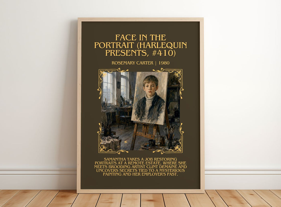 Face in the Portrait (Harlequin Presents, #410) Minimalist Book Poster by Rosemary Carter – framed print leaning on a wooden floor