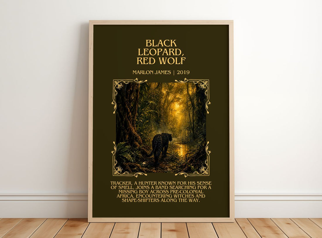 Black Leopard, Red Wolf Minimalist Book Poster by Marlon James – framed print leaning on a wooden floor