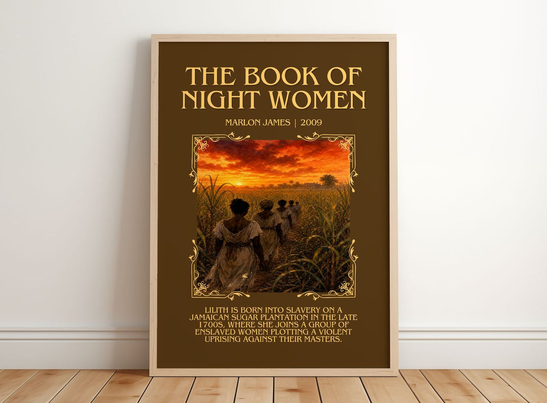 The book of night women Minimalist Book Poster by Marlon James – framed print leaning on a wooden floor