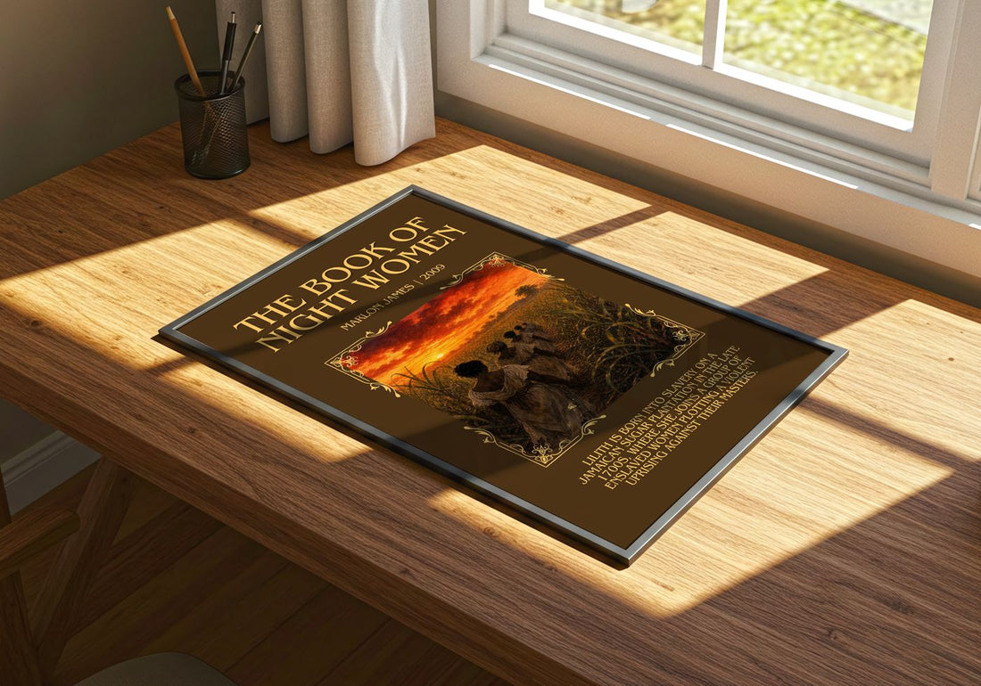 The book of night women Minimalist Book Poster by Marlon James – print on a sunlit desk