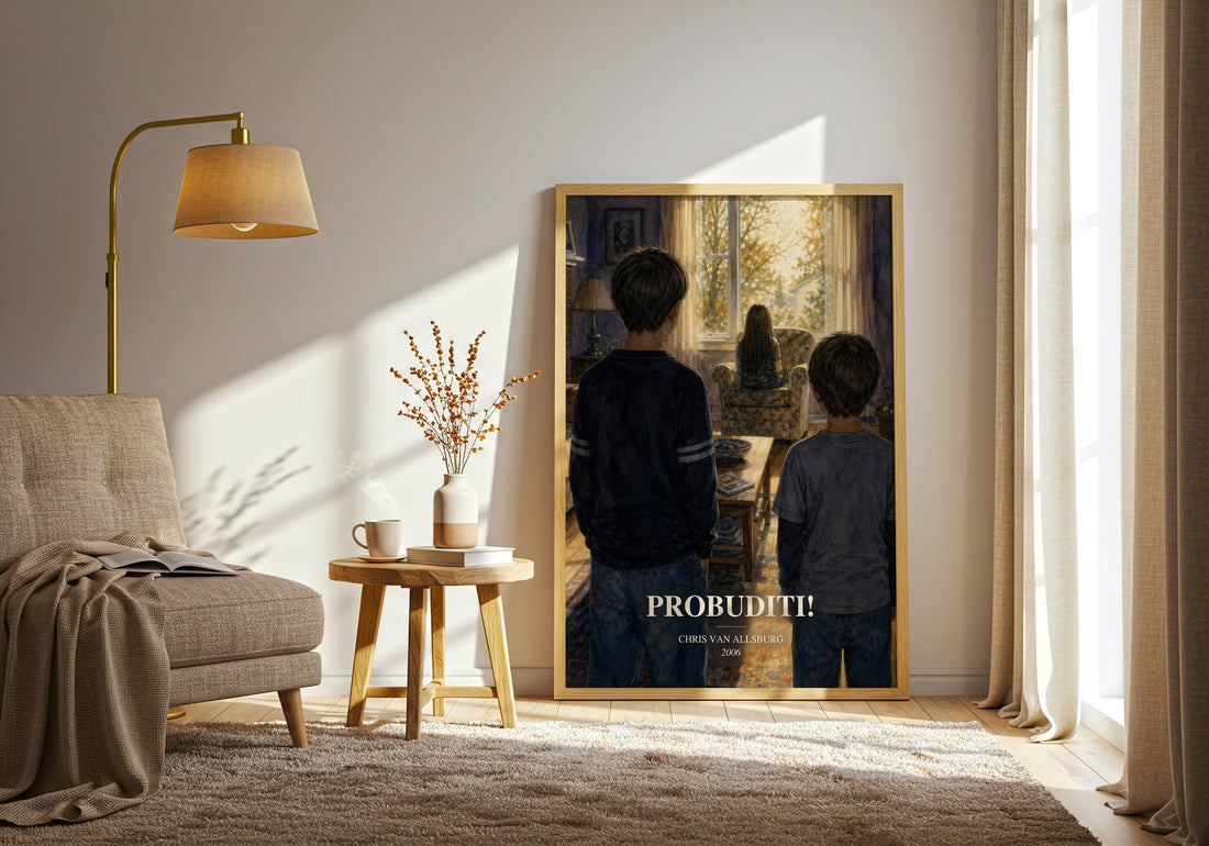 Probuditi! watercolour print in frame leaning in hallway – childrens wall art (mockup)