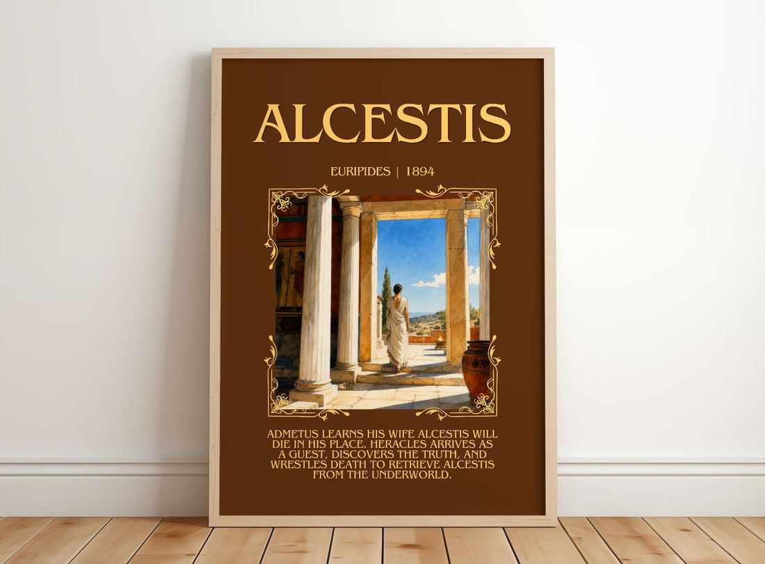 Alcestis Minimalist Book Poster by Euripides – framed print leaning on a wooden floor