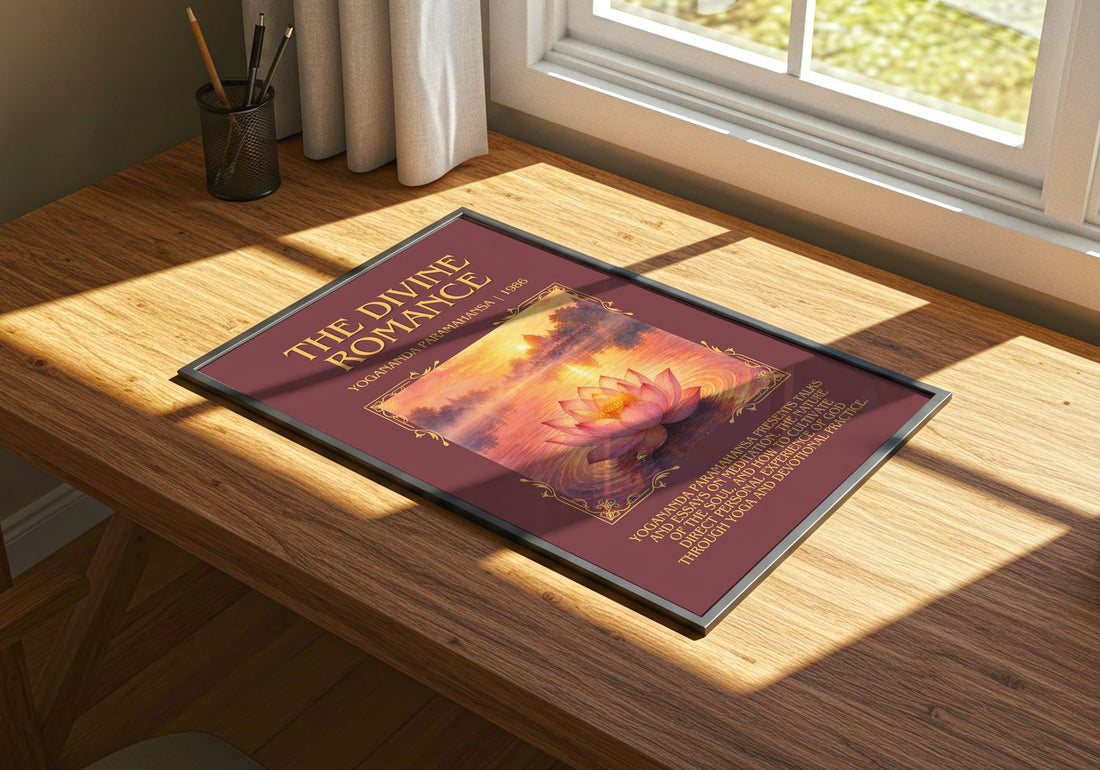 The divine romance Minimalist Book Poster by Yogananda Paramahansa – print on a sunlit desk