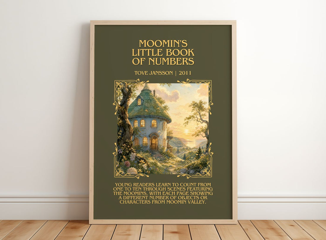 Moomin's little book of numbers Minimalist Book Poster by Tove Jansson – framed print leaning on a wooden floor