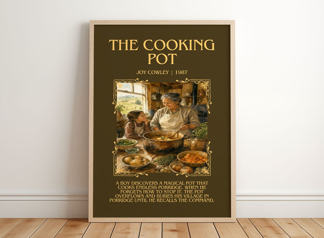The Cooking Pot Minimalist Book Poster by Joy Cowley – framed print leaning on a wooden floor