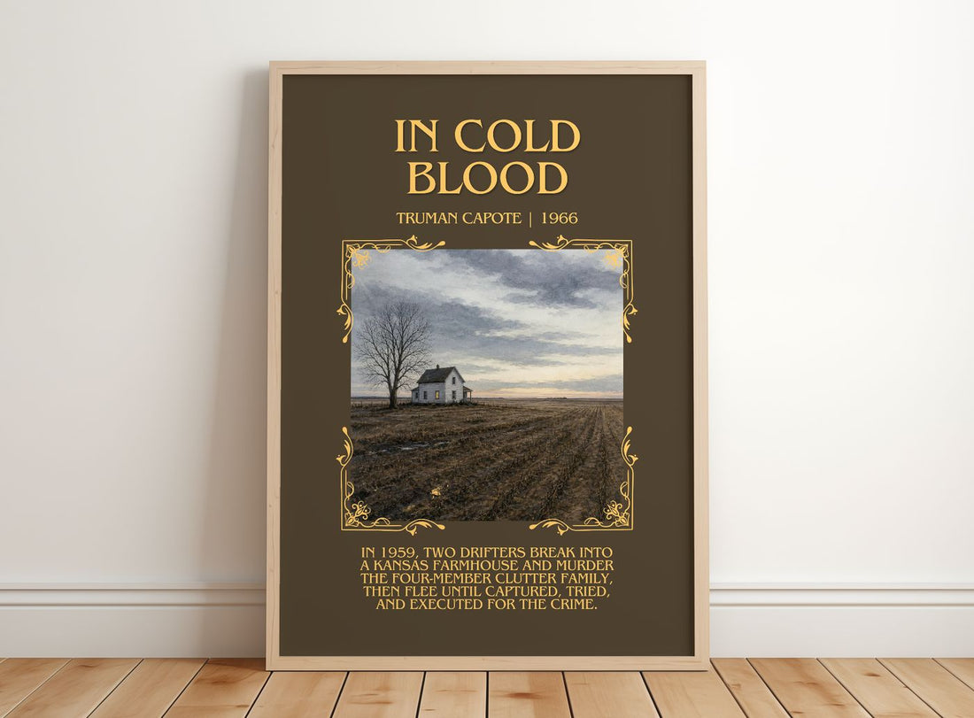 In Cold Blood Minimalist Book Poster by Truman Capote – framed print leaning on a wooden floor