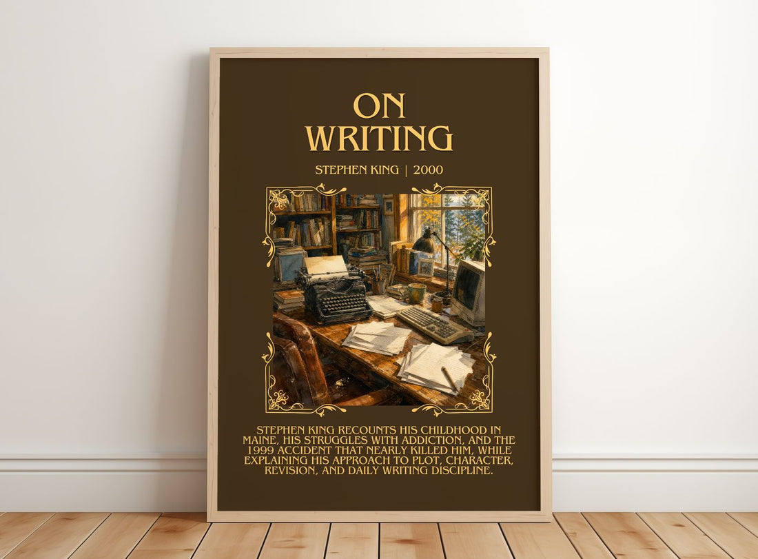 On Writing Minimalist Book Poster by Stephen King – framed print leaning on a wooden floor