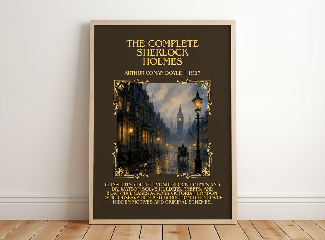 Complete Sherlock Holmes Minimalist Book Poster by Arthur Conan Doyle – framed print leaning on a wooden floor