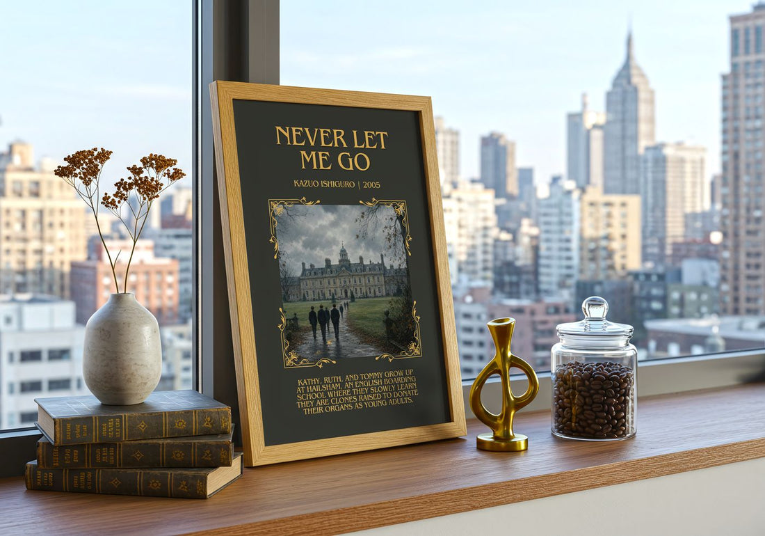 Never Let Me Go Minimalist Book Poster by Kazuo Ishiguro – framed print on a city-view windowsill