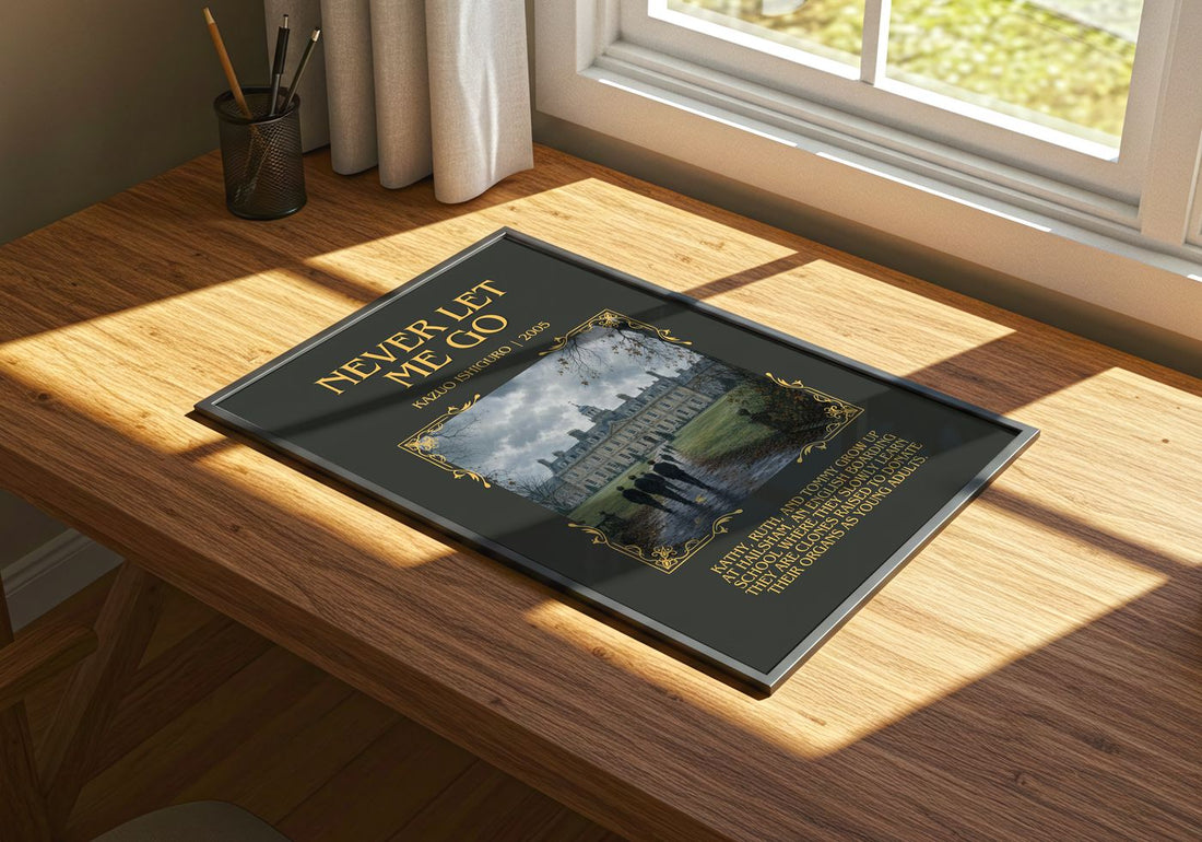 Never Let Me Go Minimalist Book Poster by Kazuo Ishiguro – print on a sunlit desk