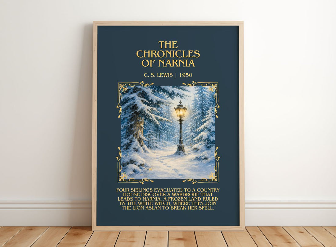 The Chronicles of Narnia Minimalist Book Poster by C. S. Lewis – framed print leaning on a wooden floor